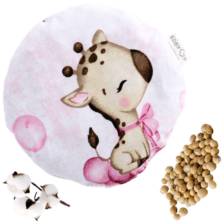 Termofor cu samburi de cirese BabyU, Model LOVE, husa din bumbac, pentru colici si dureri, compresa calda sau rece, diametru 150 mm, greutate 150g