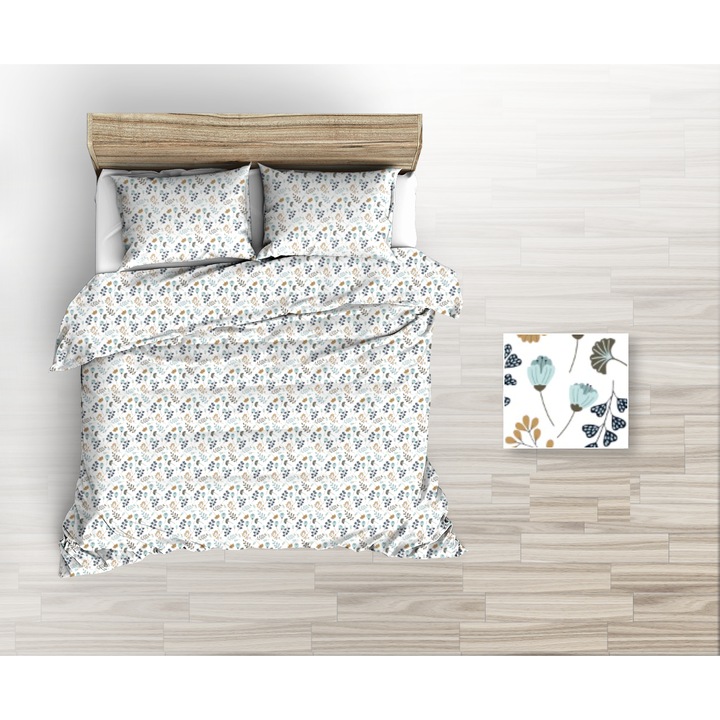 Lenjerie de pat set, Fan, flanel, 160x200cm, 2 perne 80x70cm, alb cu flori albastre