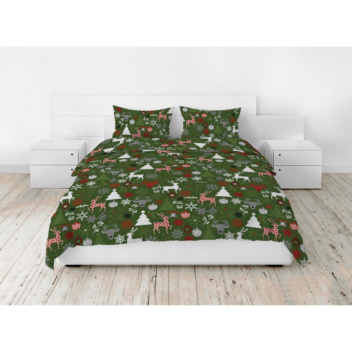 Lenjerie de pat, Fan, 160x200cm, 100% bumbac, verde, set 3 piese