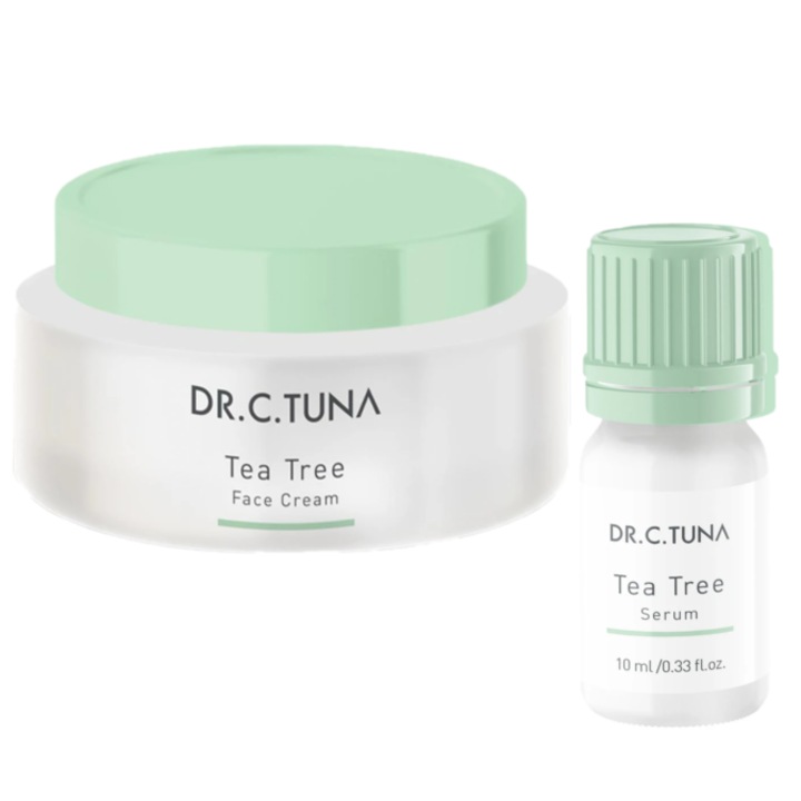Set Crema de față și Serum Dr. C Tuna cu Arbore de Ceai, Farmasi, 60 ml, hidratant, pentru ten normal și mixt