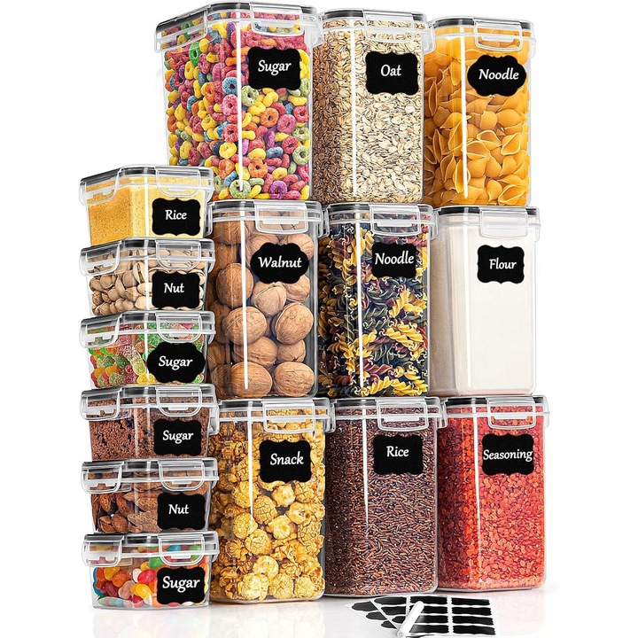 Set 15 cutii alimentare hermetice transparente si negre, 9x 1.6l, 6x 0.32l, fara BPA