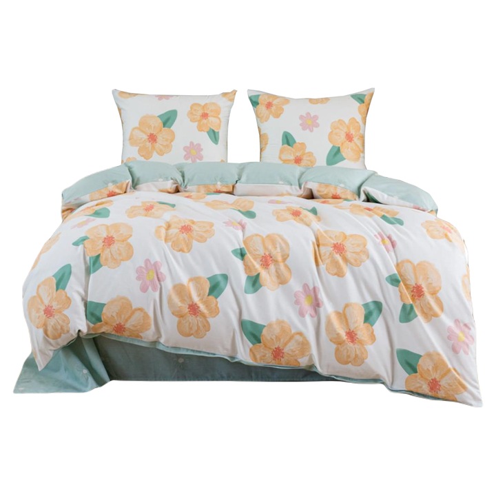 KZ ágyneműgarnitúra, 220x200cm, 100% szatén pamut, mór és menta virágok, 2 párna 70x80cm