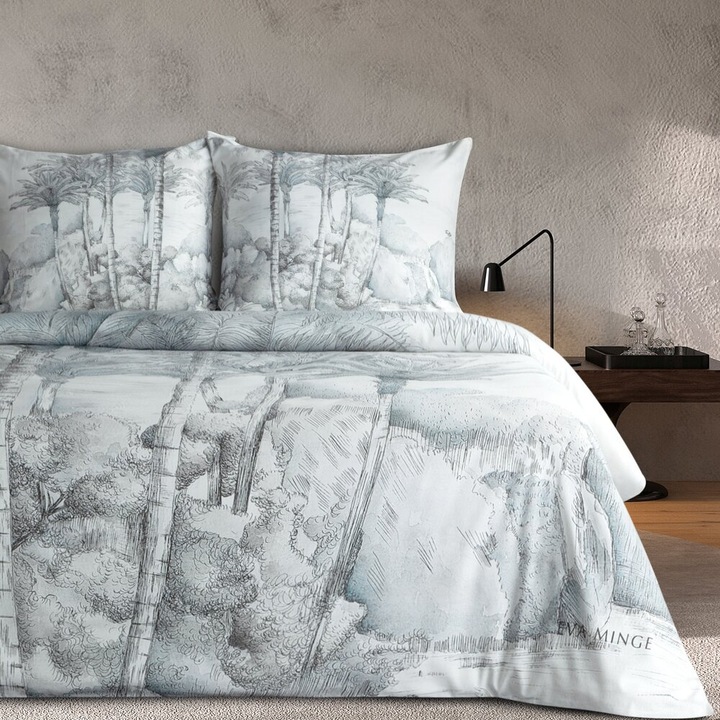 SKYE ágynemű garnitúra, Eurofirany, 160x200cm, 100% mako pamut, világosszürke, egzotikus fa mintával