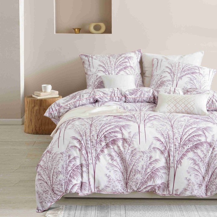 Set lenjerie de pat, Spod Igly i Nitki, Vintage, 140x200cm, imprimeu palmier, alb, roz