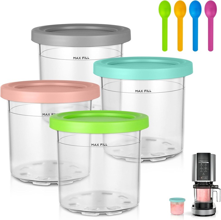 Set 4 recipiente pentru aparat de facut inghetata Ninja Creamy 450 ml, Fara BPA, Usor de Curatat, Multicolor