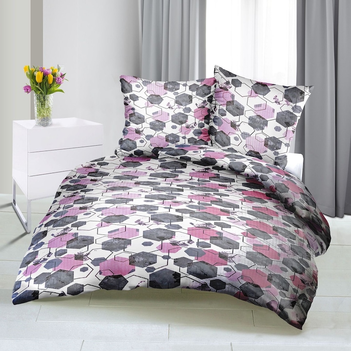 Lenjerie de pat Fan, set 160x200cm, geometrie gri-roz, 100% bumbac