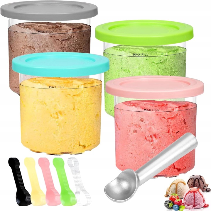 Set 4 recipiente pentru aparat de facut inghetata, BPA-free, rezistente la -40C pana la 230C, cu lingura si portionatoare, multicolor