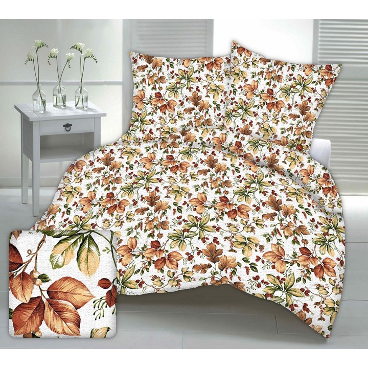 Lenjerie de pat Fan, 200x220cm, set cu 2 poshve 70x80cm, bumbac, model frunze de toamna, alb
