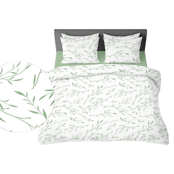 Lenjerie de pat set, Fan, 160x200cm, 2x70x80cm, bumbac satinat, alb cu motive verzi de frunze de ceai