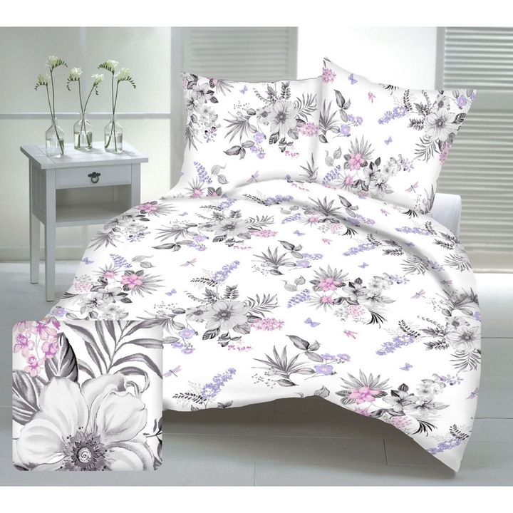 Lenjerie de pat, Fan, 160x200, set 2 piese, flori mari gri pe fond alb, 100% bumbac