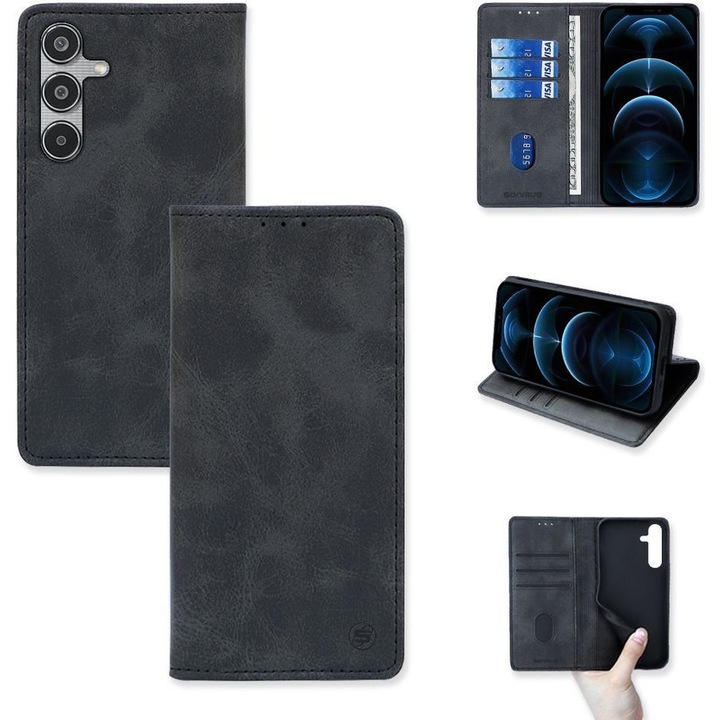 Sonique Theke Portofel Vintage Magnet pentru Samsung Galaxy M35 5G, 3 compartimente pentru carduri, 1 compartiment mare, negru