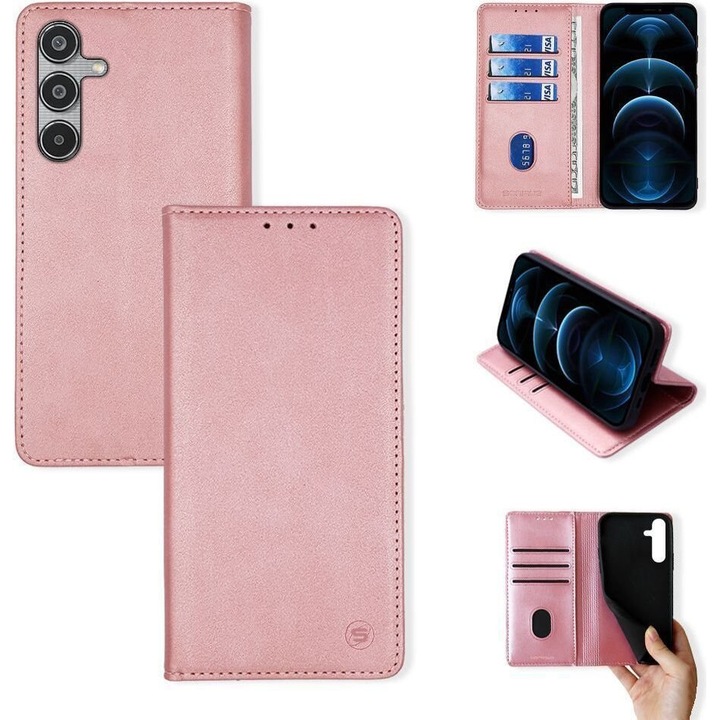 Sonique Theke Portofel Vintage Magnet pentru Samsung Galaxy M35 5G, Roz, 3 compartimente pentru carduri, 1 compartiment mare pentru documente
