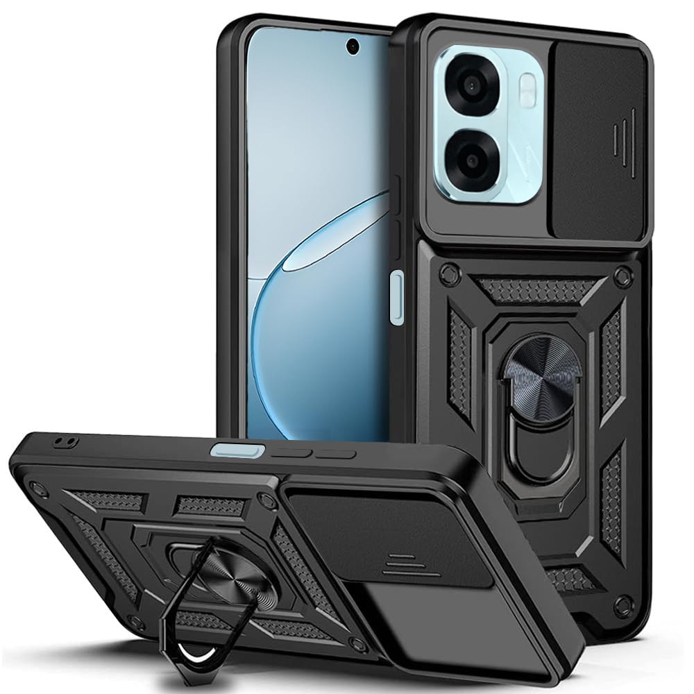 Husa pentru Oppo A6 4G / A6x 4G / A6x 5G cu inel rotativ 360 Daden, Camshield series, Hybrid Antisoc, Slider pentru protectia camerei, Negru