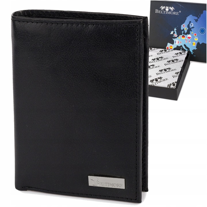 Portfel barbati din piele naturala, model P13, vertical, negru, cu protectie RFID, set elegant cu cutie