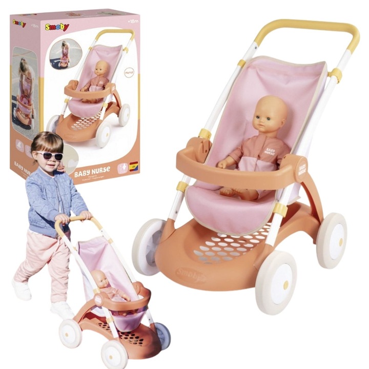 Количка за кукли Smoby, ABS, 18 месеца+, За кукли до 42 см, Въртящи се колела, Ергономична дръжка, Стабилна, Модерен дизайн, Развива емпатия, Специален подарък, 70 x 10 см, Розова