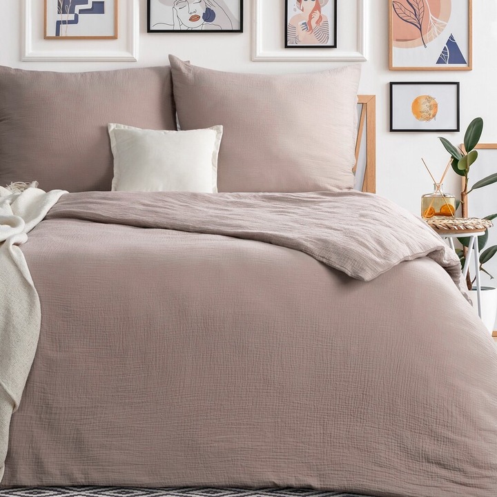 Ágynemű garnitúra, Eurofirany, muszlin, 160x200cm, púder, 100% pamut