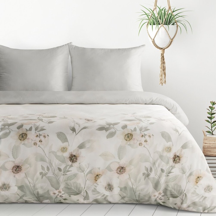 ELIA ágyneműhuzat garnitúra, Eurofirany, 220x200cm, pasztell virágok, fehér, világosszürke