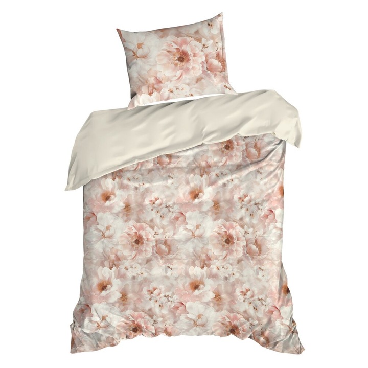 Lenjerie de pat 140x200 cm, Eurofirany, 2 piese, alb-pudrat, cu motive florale