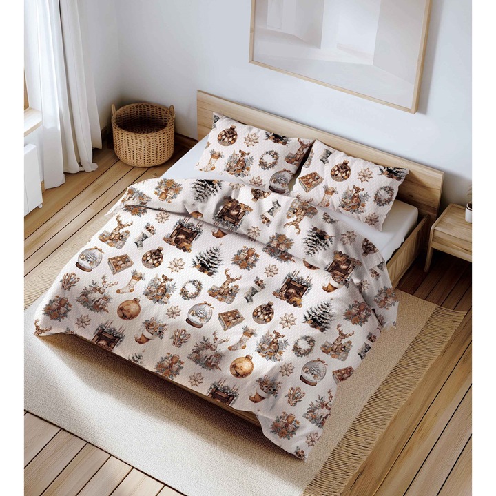 Lenjerie de pat, Fan, bumbac, alb cu motive de Craciun, 160x200 cm, set 3 piese