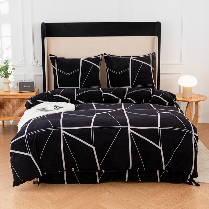 Ágynemű garnitúra, 160x200cm, 2 db 70x80cm, fekete-szürke geometrikus, 100% mikroszálas