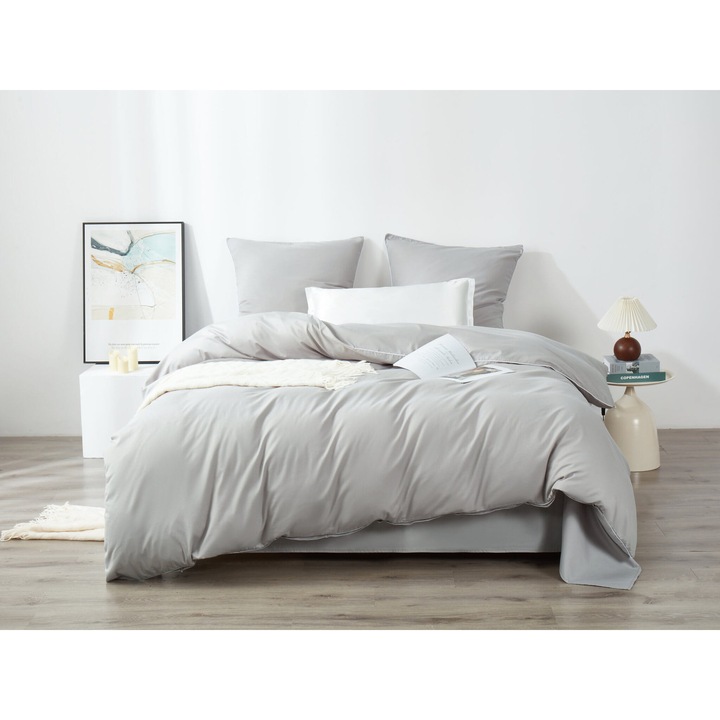 Lenjerie de pat set Spod Igly i Nitki, 220x200cm, 2x70x80cm, gri cu lama de aur, 100% satina bumbac, 120 GSM