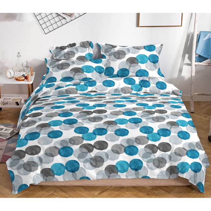 KZ ágynemű, 160x200cm, 3 részes szett, fehér, kék, szürke és grafit pöttyökkel