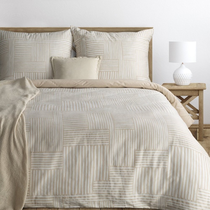 Lenjerie de pat set Eurofirany, 220x200cm, bej cu model geometric, 2 fete de perna 70x80cm, 100% bumbac satinat