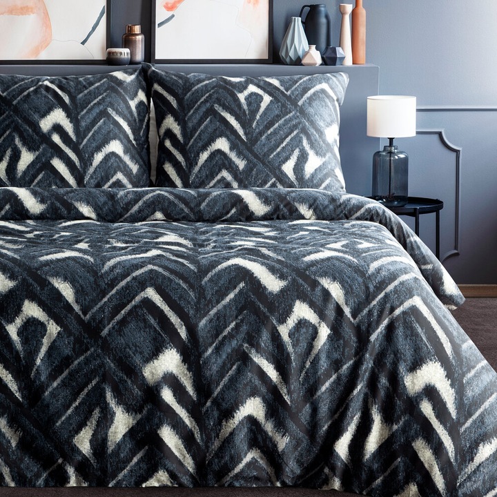 Ágynemű garnitúra SPRING 140x200cm Eurofirany, cikk-cakk geometria, sötétkék és rózsaszín, 100% pamutszatén