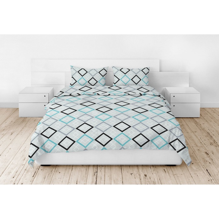 Lenjerie de pat Fan, 200x220cm, turcoaz, negru, model romburi, 100% bumbac