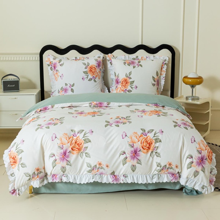 Lenjerie de pat KZ, 160x200cm, 2x70x80cm, crem-mint, flori, cu volan