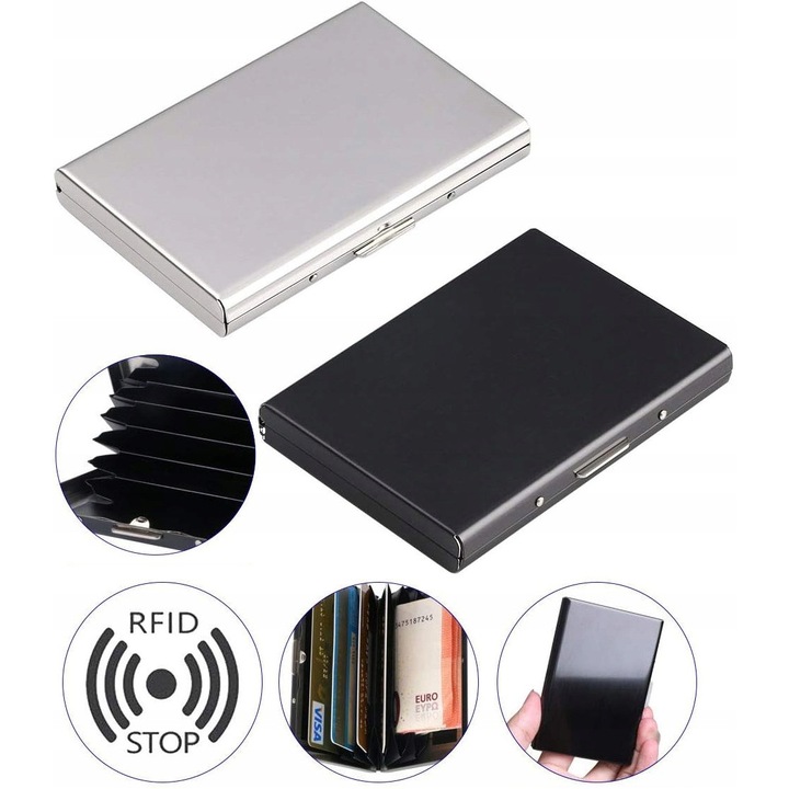 Set 2 portofele RFID din otel inoxidabil, 6 compartimente, negru, 1,3 cm grosime