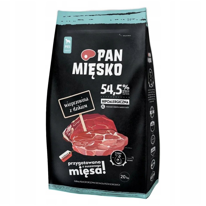 Hrana pentru caini Pan Miesko, carne de porc cu mistret, 20kg, hipoalergenica, cu mere si legume