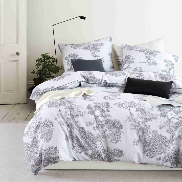 Lenjerie de pat set, Spod Igly i Nitki, Vintage, botanic, alb-gri, 140x200cm