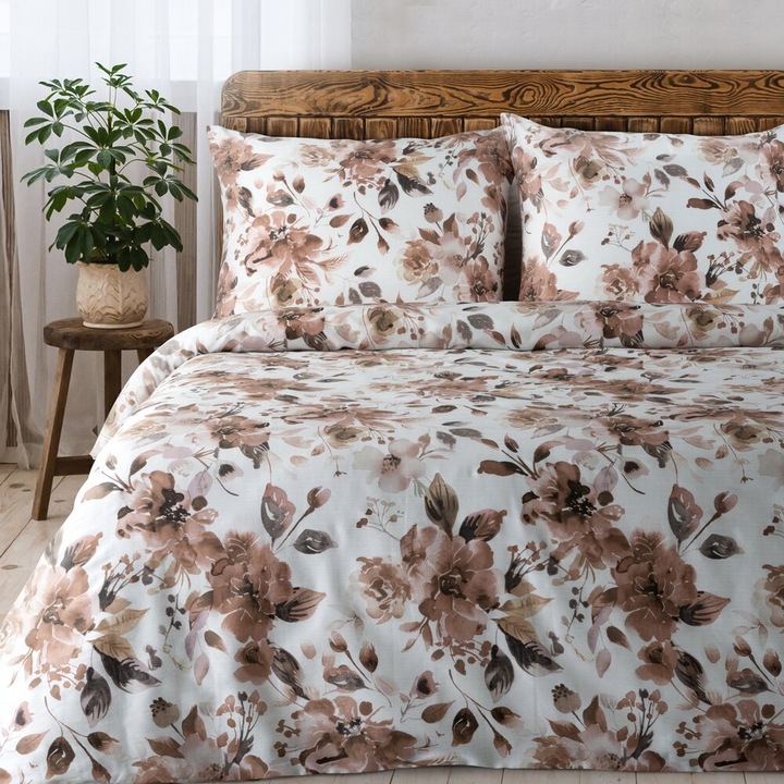 Ágyneműhuzat garnitúra SPRING, Eurofirany, 160x200cm, kétszínű fehér és barna, akvarell virágok