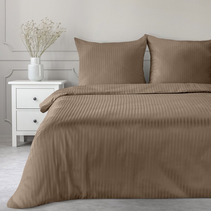 Ágynemű garnitúra, 140x200cm, Eurofirany, pamutszatén, barna színű, csíkos