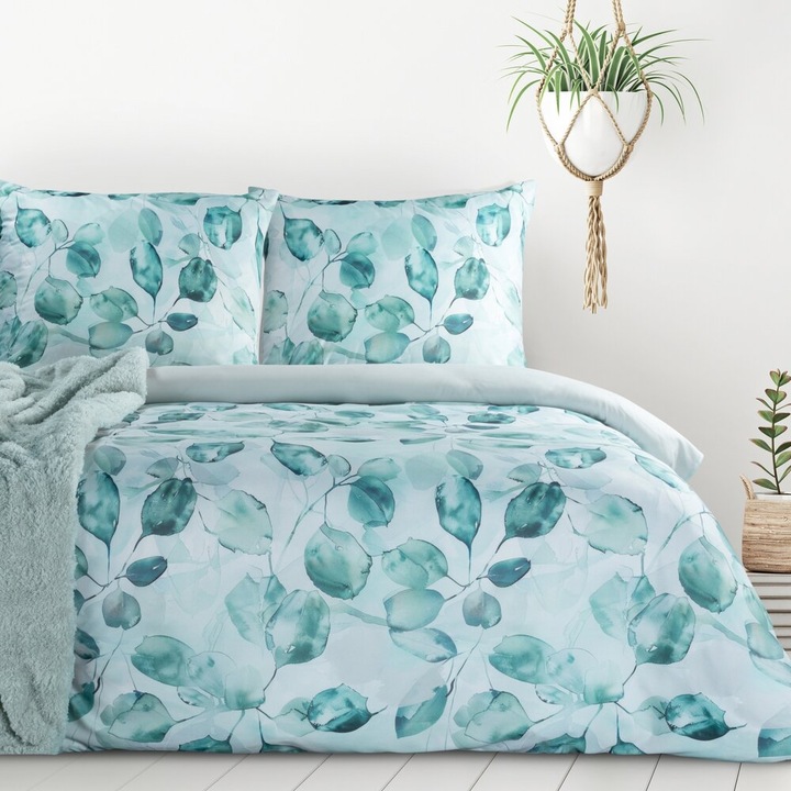 Eurofirany VERANO ágynemű garnitúra, 160x200 cm, botanikus, menta és szürke, 100% poliészter, cipzár