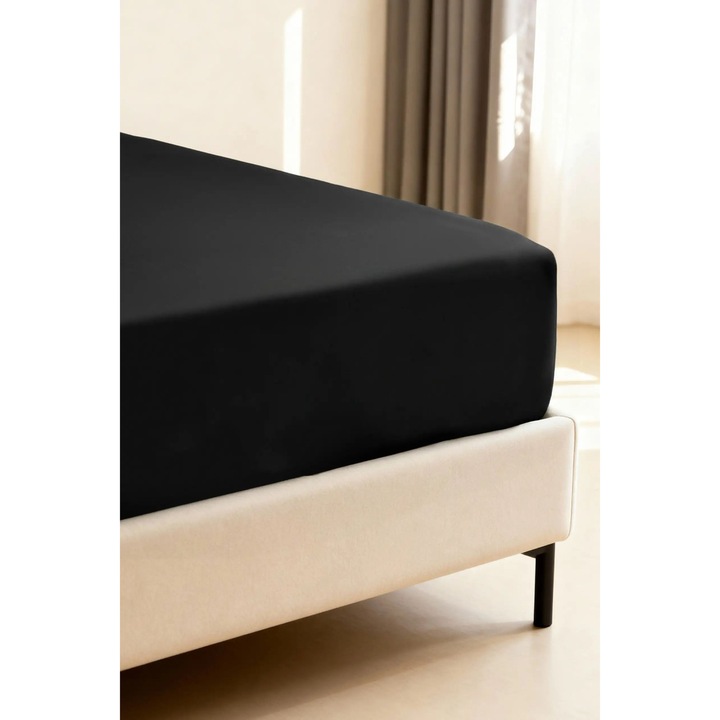 Cearceaf de pat din bambus cu guma, Spod Igly i Nitki, 120x200cm, negru, 100% fibra bambusica