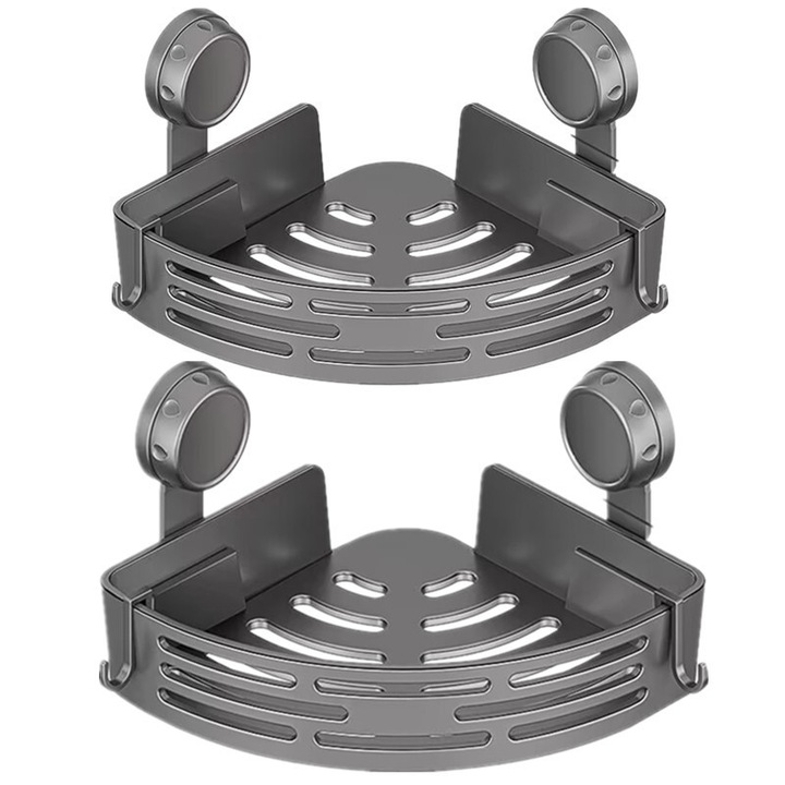 Rafturi de colt pentru baie si Dus, Sxmxriom®, 2 seturi, instalare usoara cu ventuze, fara gaurire, Organizator baie si bucatarie cu montarea usoara, Design Modern, 21.5x29.5x5.3cm, Negru