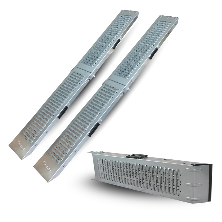 Set 2 rampe metalice pliabile 180 cm, 400 kg, antiderapante, pentru motociclete, cositoare, quad