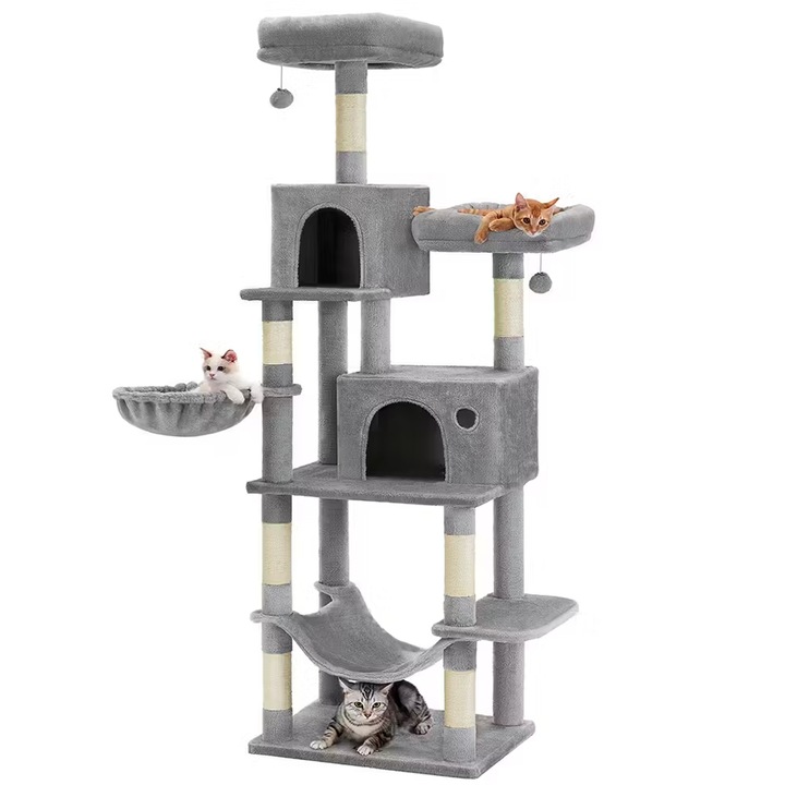 FEANDREA Ansamblu pentru pisici din PAL, plus si sisal, 199 cm, cu platforme, cusca, hamac si stalpi de zgariat, gri