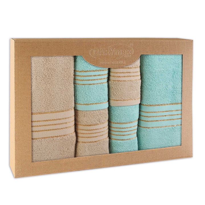 Set prosoape Darymex, 6 piese, 100% bumbac, 500g/m2, cappuccino si turcoaz, dimensiuni: 30x50cm, 50x90cm, 70x140cm