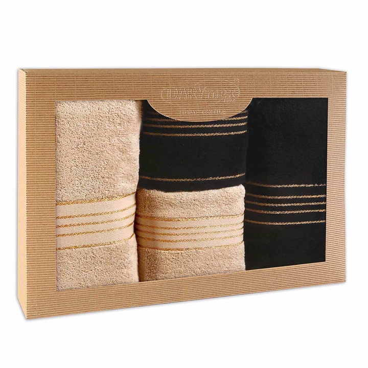 Set 4 prosoape Darymex, 100% bumbac, 500g/m2, cappuccino/negru, 50x90cm + 70x140cm