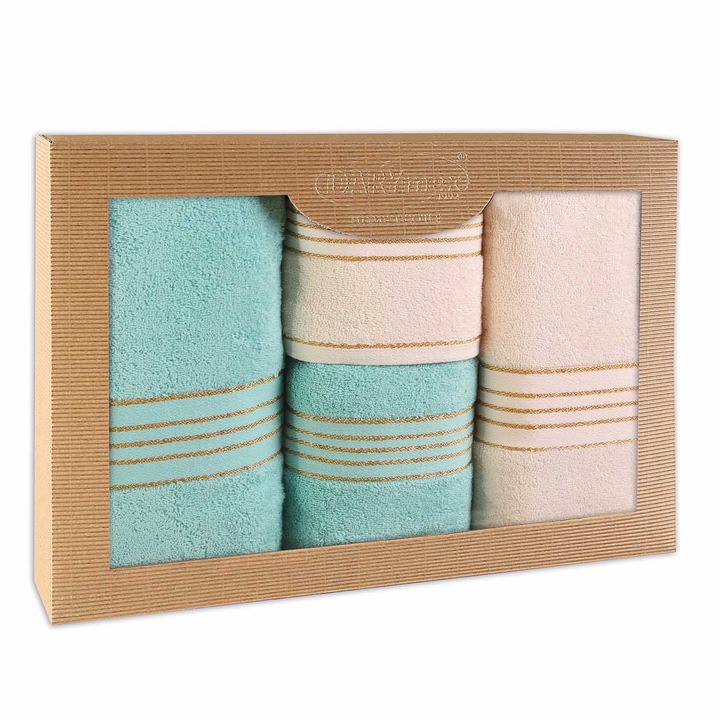 Set prosoape Darymex, 4 piese, 100% bumbac, 500g/m2, crem/turcoaz, 50x90cm + 70x140cm