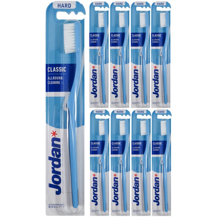 Szett, Jordan Classic Hard manuális fogkefe, 9 db, kemény sörték, hatékony tisztítás, véletlenszerű színek