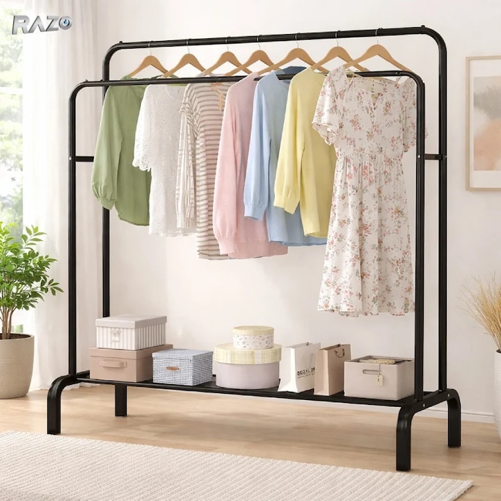 Suport metalic dublu pentru umerase RAZO, 2 bare pentru haine, 1 raft inferior, Capacitate 48 kg, Design modern pentru dormitor, dressing, 120x45x160 cm, Negru