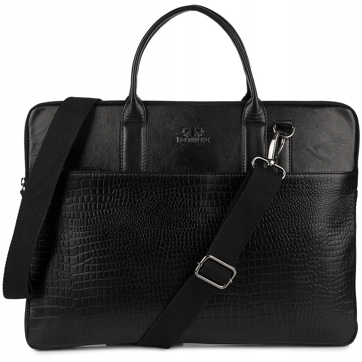 Geanta laptop din piele naturala, Beltimore, model croco, neagra, A4, pentru laptop 15,6"