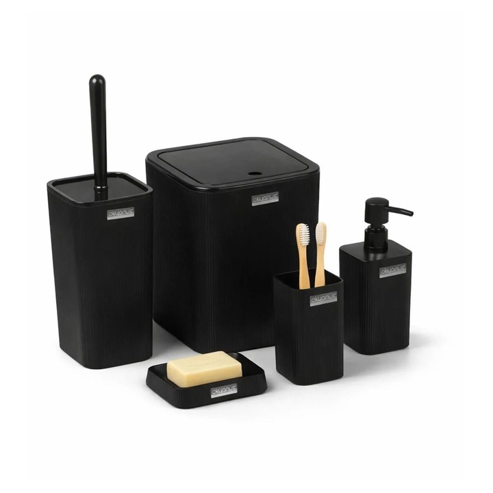 Tekzen Set accesorii baie 5 piese – dozator sapun, suport periute, suport sapun, perie WC si cos, negru