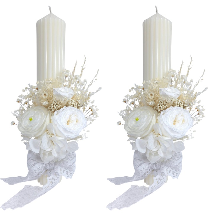 Set 2 lumanari nunta/cununie decorate cu ranunculus si trandafiri criogenati, 35 cm