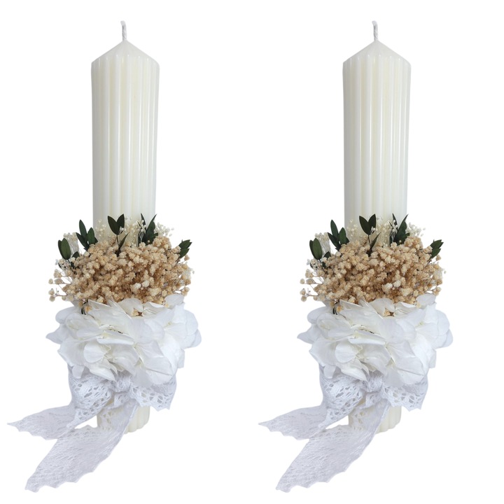 Set 2 lumanari nunta/cununie decorate cu gypsophiila si hortensie criogenata, 35 cm