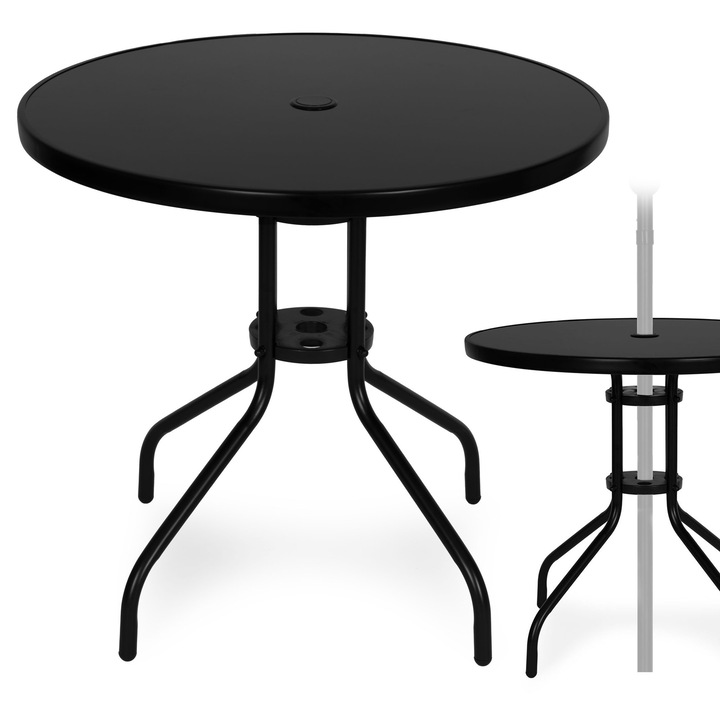 Mese gradina set, MultiGarden, masa rotunda 80cm, sticla securizata, suport parasol, negru